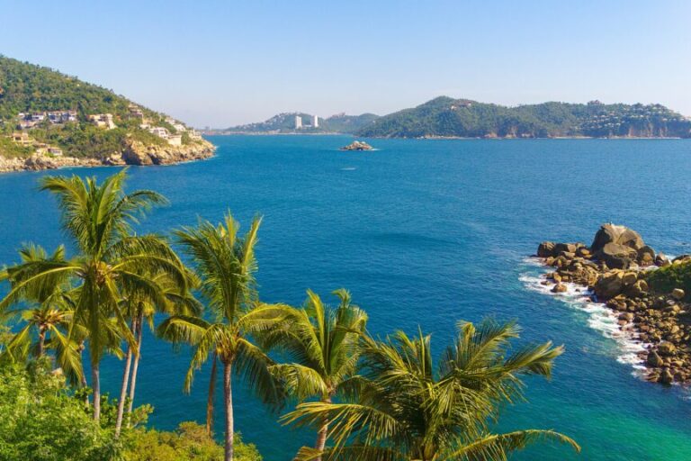 Small,Paradisiacal,Bay,Of,Rocky,Coast,In,Acapulco.,4,Palm